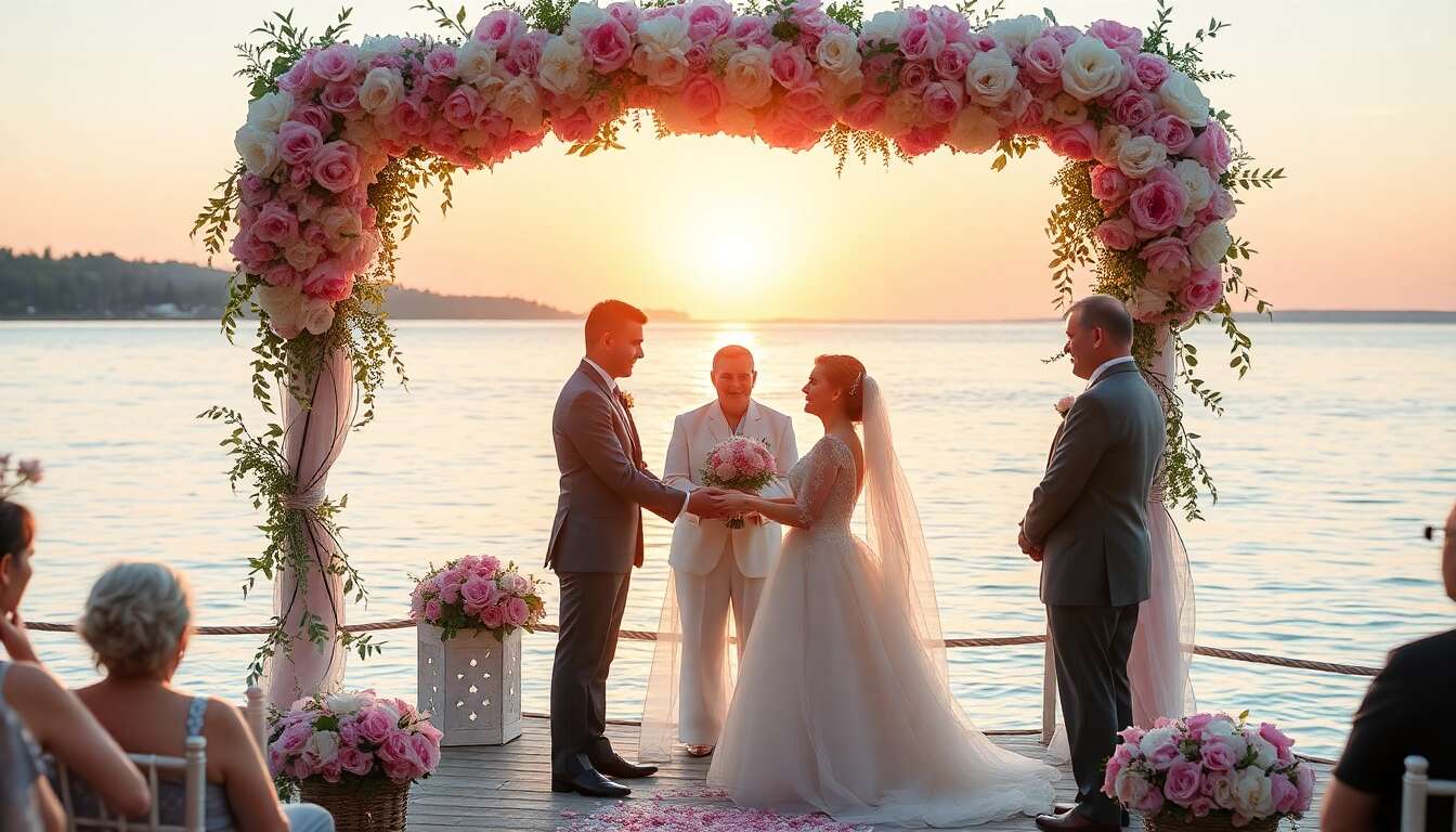 Mariage rose et romantique au bord de l'eau