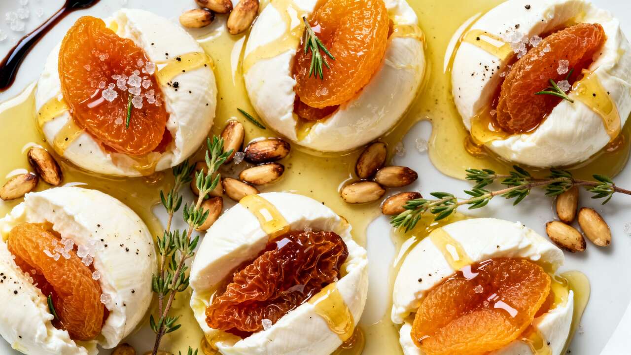 Mozzarella farcie : abricot, miel et thym frais