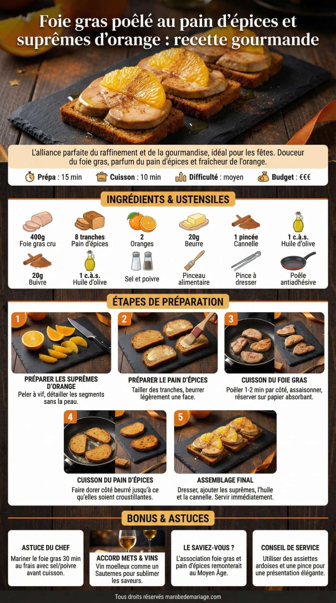 Fiche recette Foie gras po&ecirc;l&eacute; au pain d'&eacute;pices et supr&ecirc;mes d'orange : recette gourmande