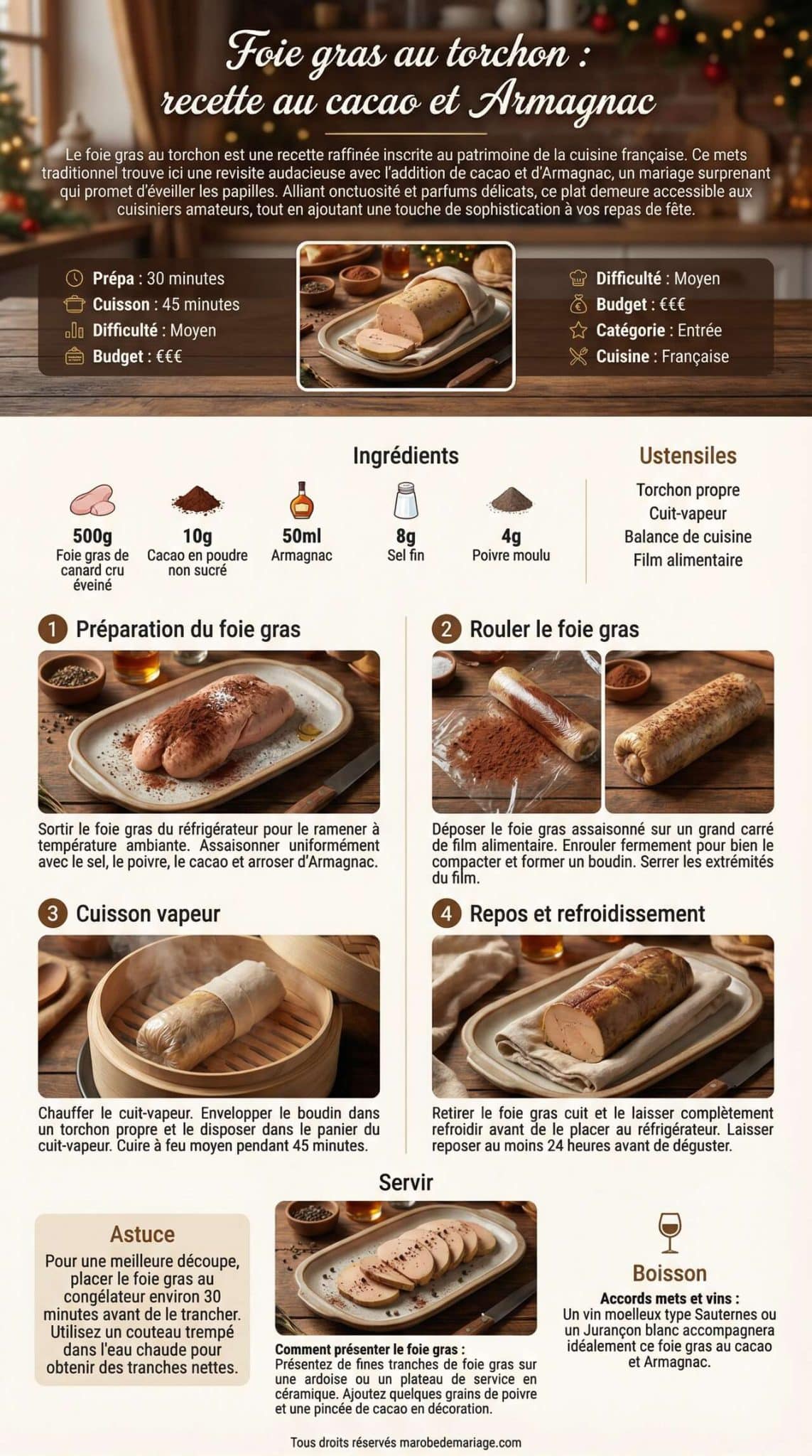 Fiche recette Foie gras au torchon : recette au cacao et Armagnac