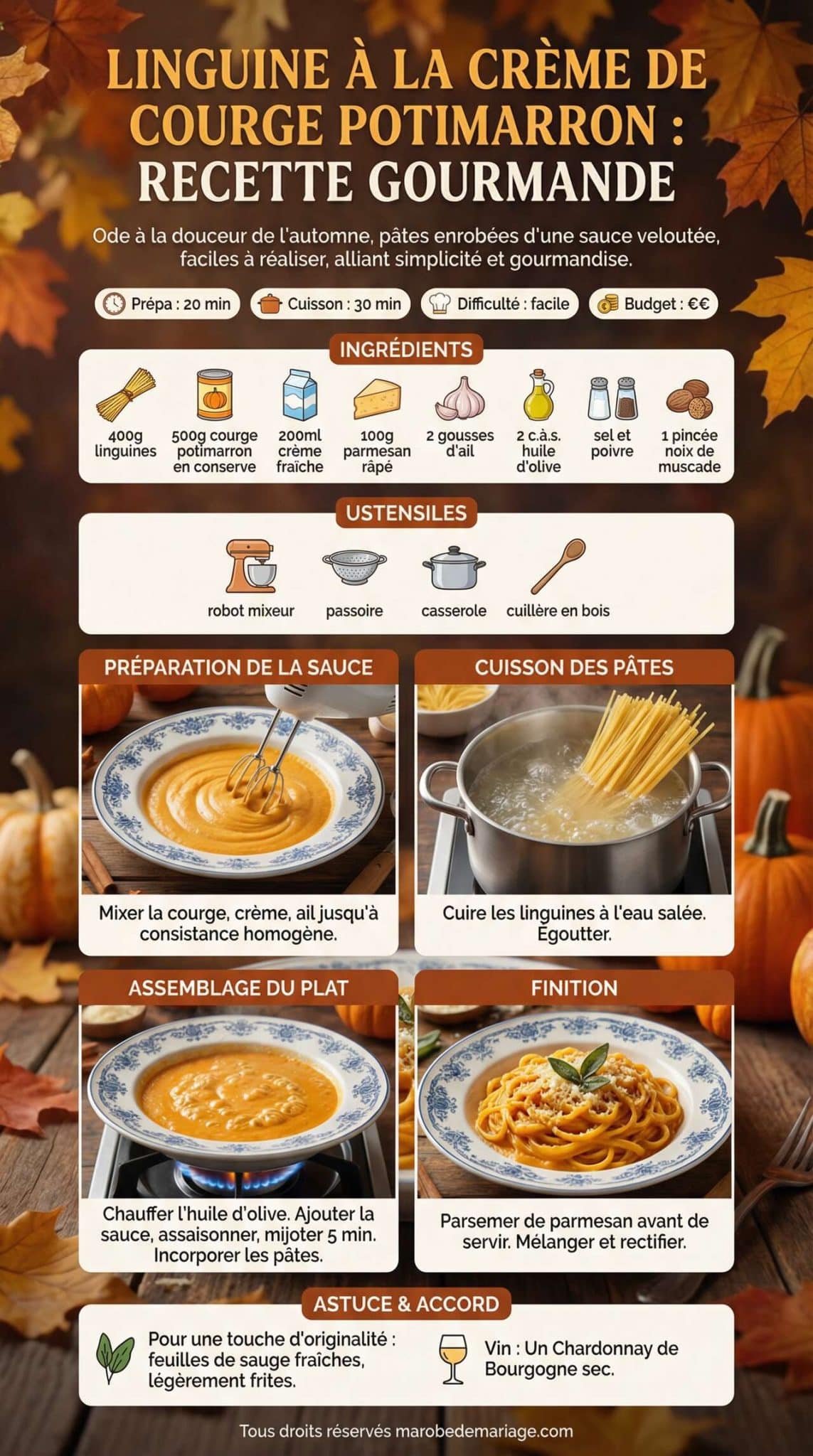 Fiche recette Linguine &agrave; la cr&egrave;me de courge potimarron : recette gourmande