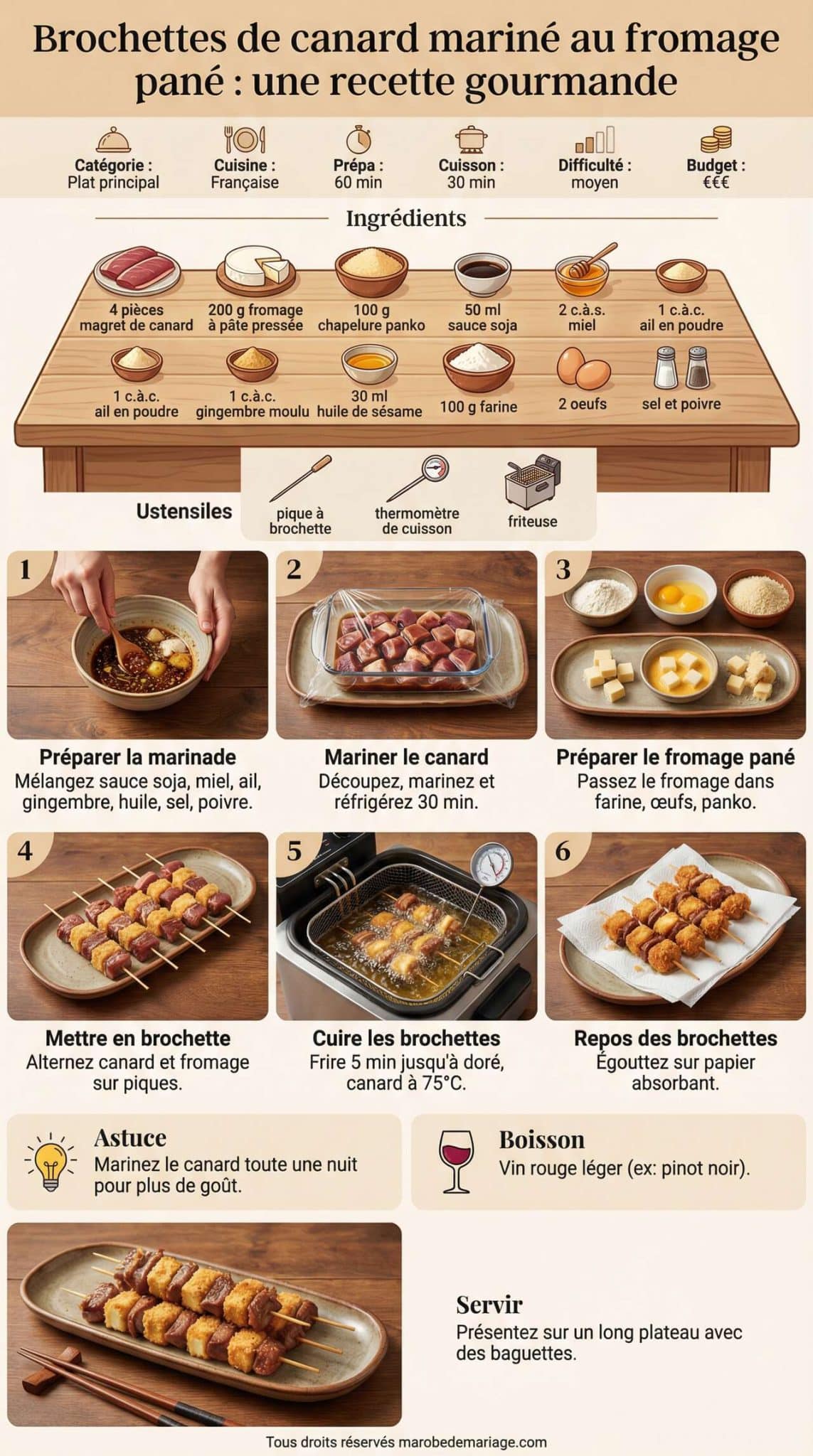 Fiche recette Brochettes de canard marin&eacute; au fromage pan&eacute; : une recette gourmande