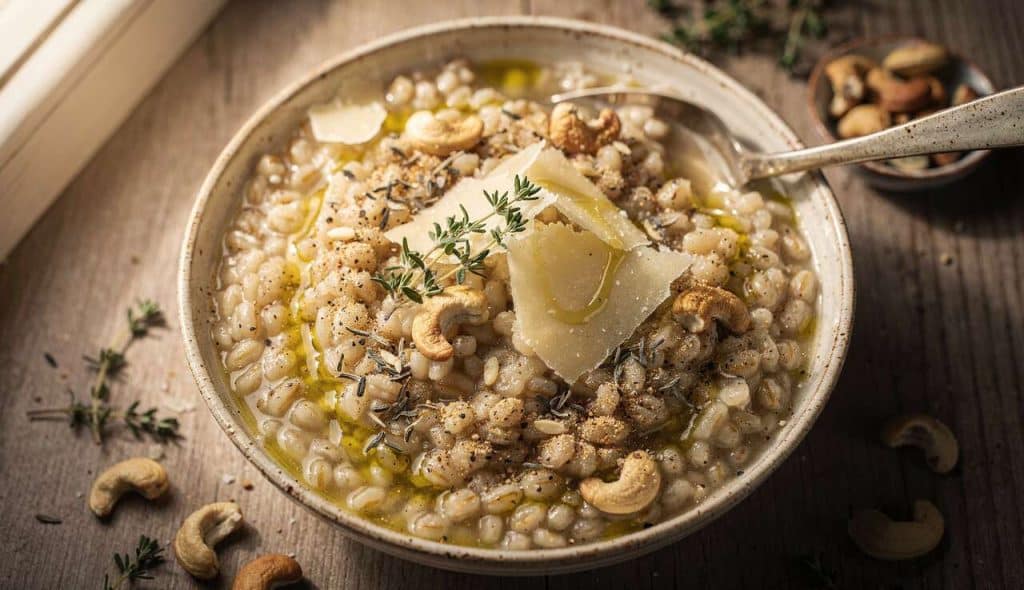 Barley-sotto au thym et noix de cajou : recette végétarienne savoureuse