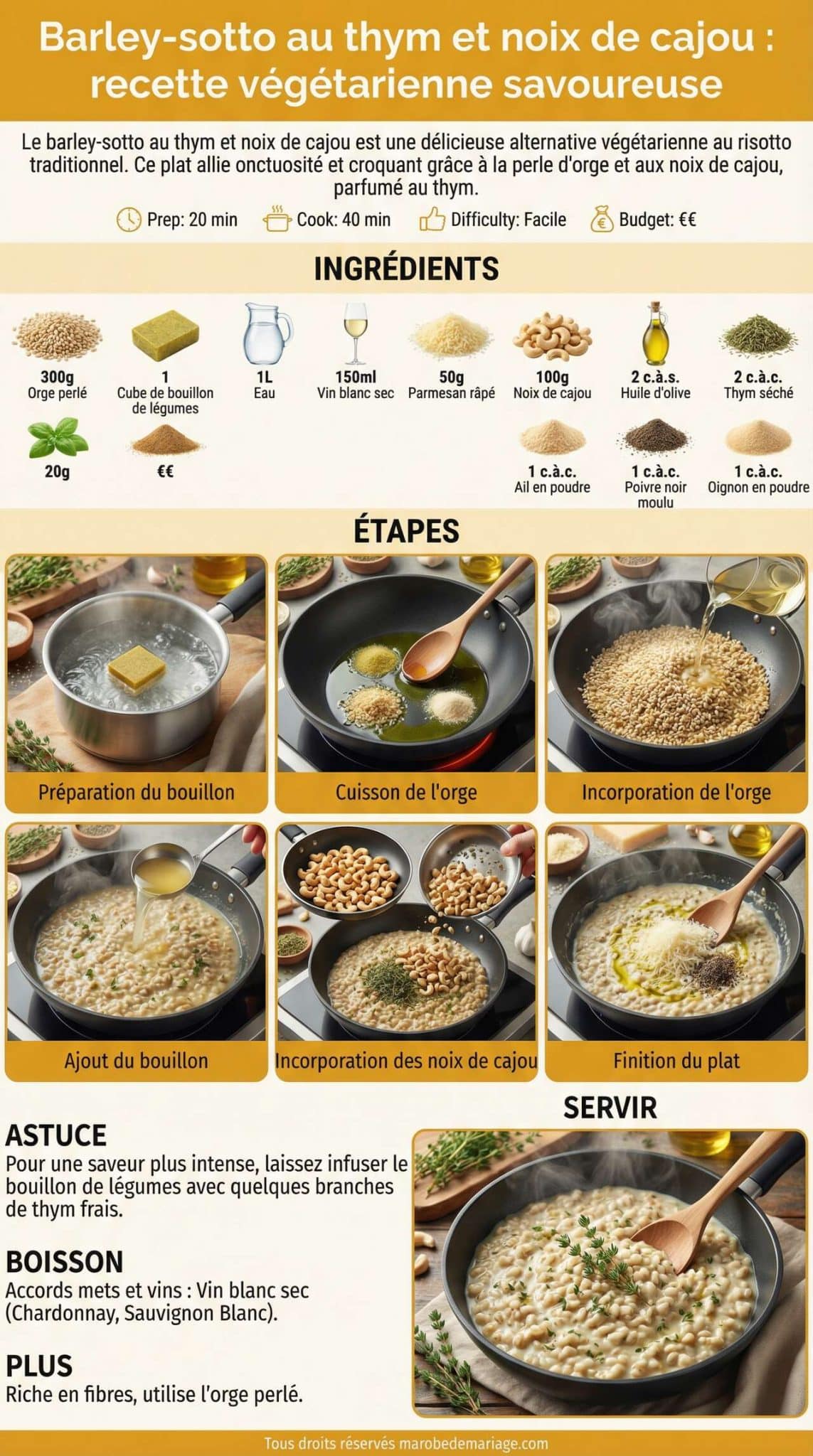 Fiche recette Barley-sotto au thym et noix de cajou : recette v&eacute;g&eacute;tarienne savoureuse