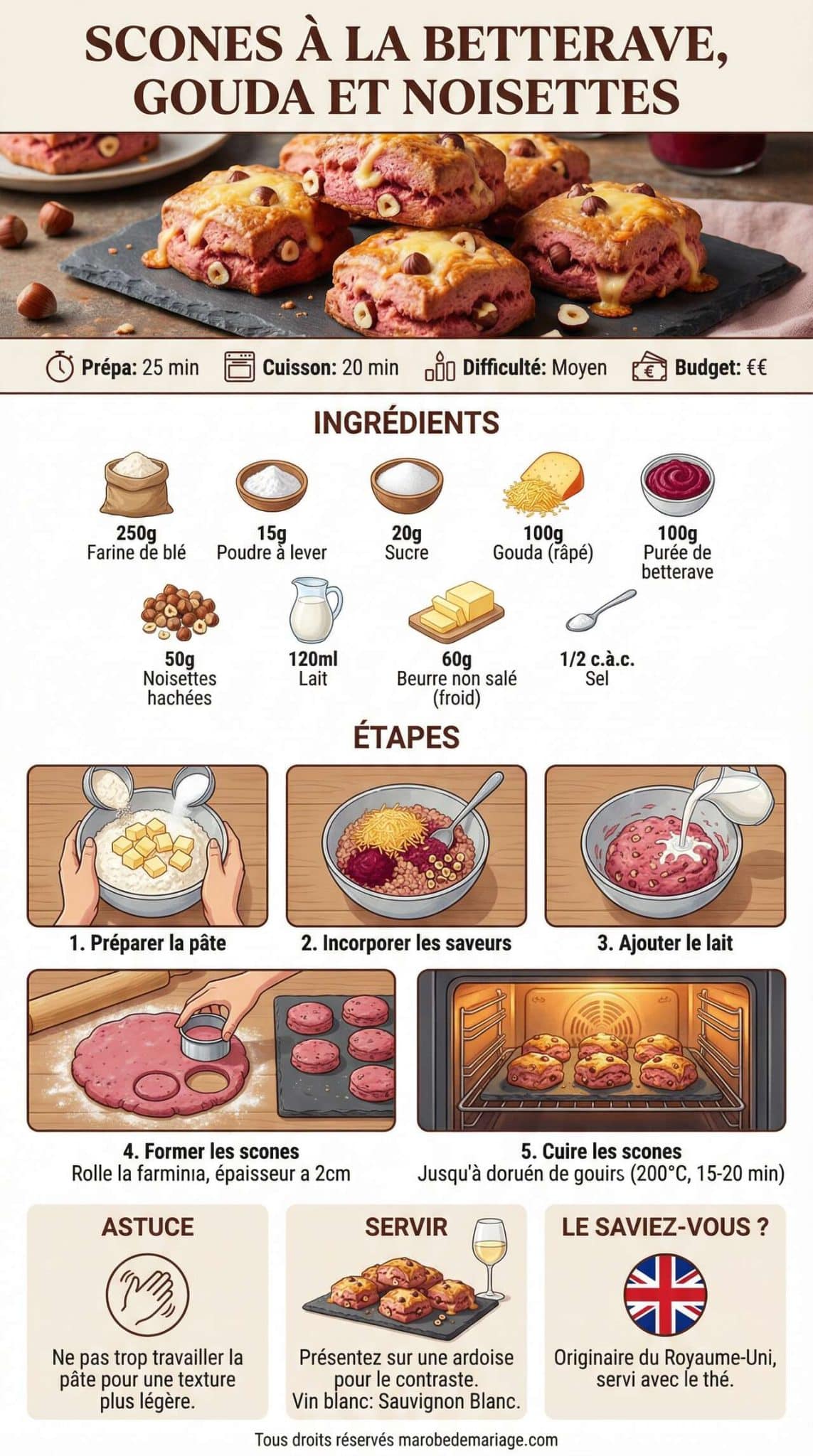 Fiche recette Recette de scones &agrave; la betterave, gouda et noisettes