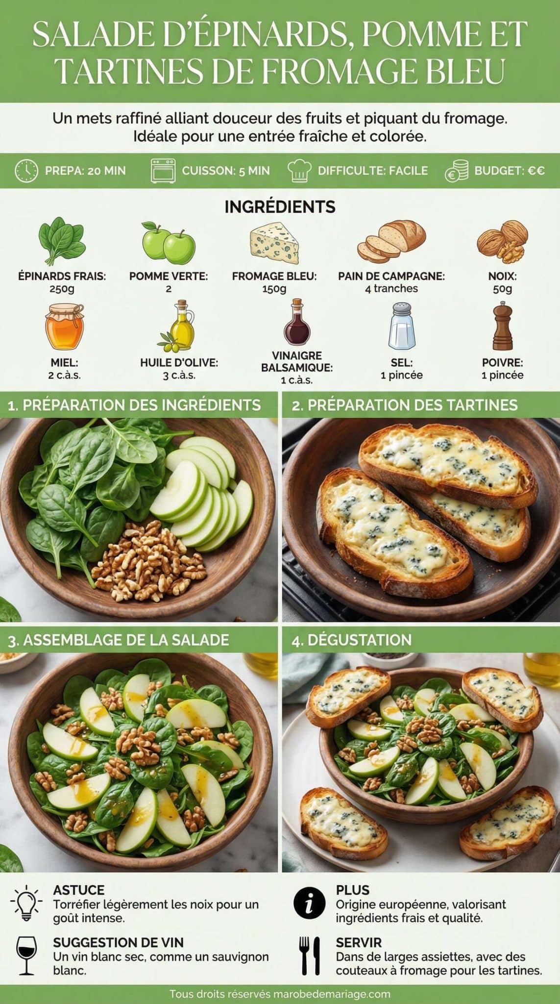 Fiche recette Salade d'&eacute;pinards, pomme et tartines de fromage bleu