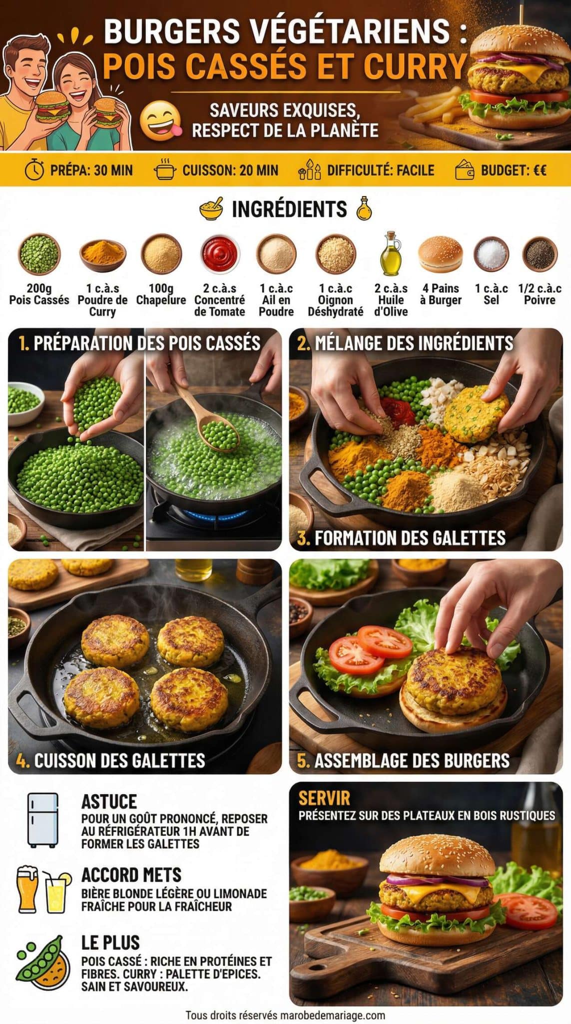 Fiche recette Burgers v&eacute;g&eacute;tariens : pois cass&eacute;s et curry