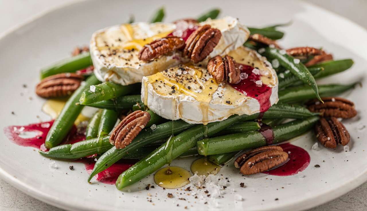 Salade de haricots verts au Brie et vinaigrette framboise