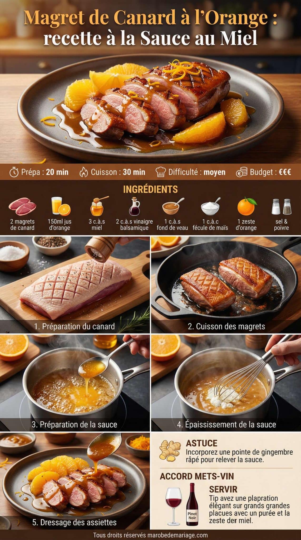 Fiche recette Magret de Canard &agrave; l'Orange : recette &agrave; la Sauce au Miel