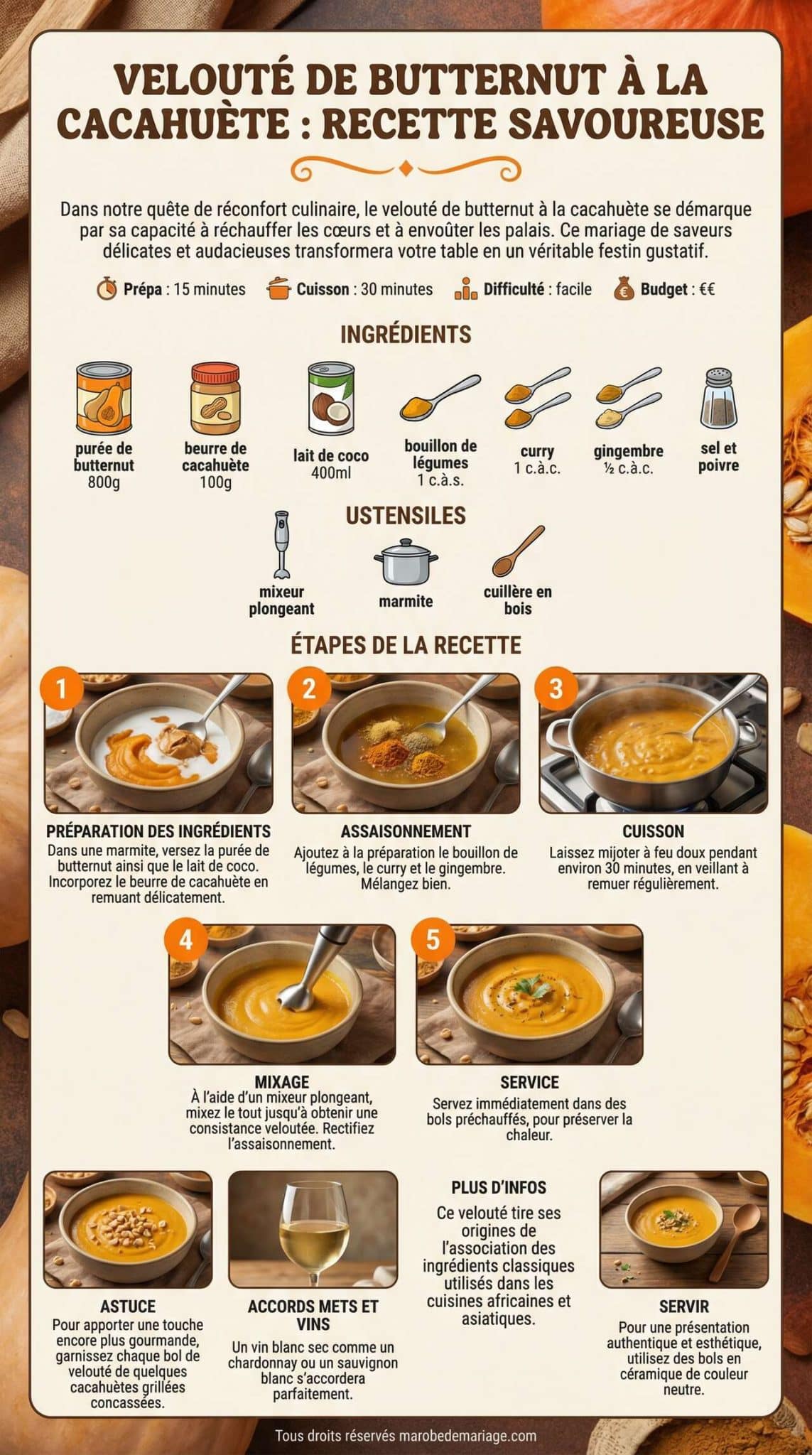 Fiche recette Velout&eacute; de Butternut &agrave; la Cacahu&egrave;te : recette Savoureuse