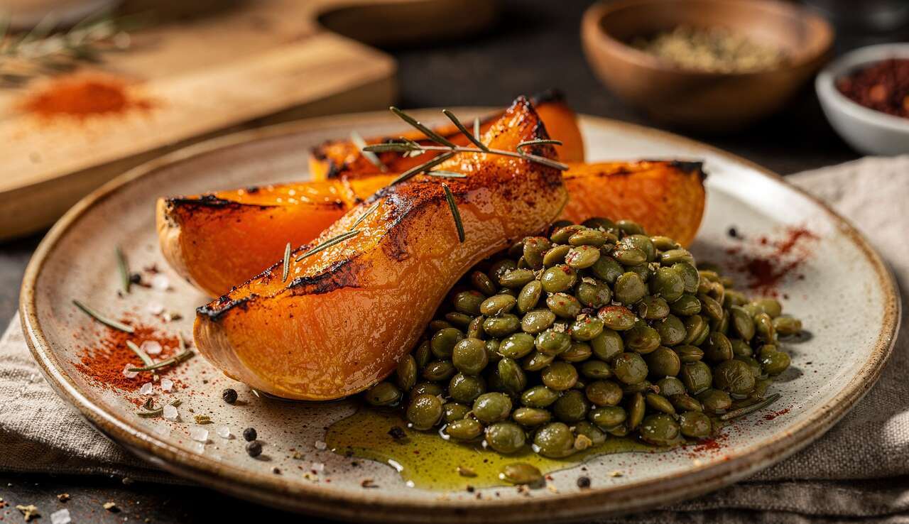 Butternut rĂ´tie au four et lentilles vertes : recette savoureuse