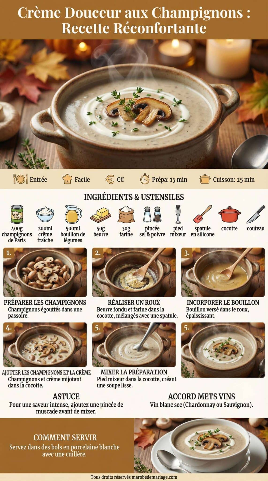 Fiche recette Cr&egrave;me Douceur aux Champignons : recette R&eacute;confortante