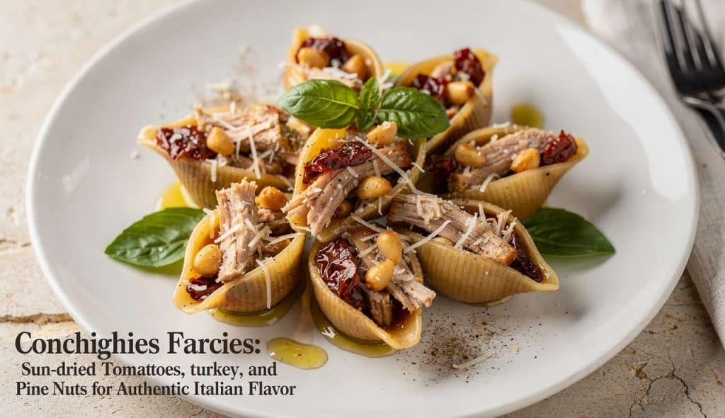 Recette de conchiglies farcies : tomates séchées, dinde et pignons pour une saveur italienne authentique