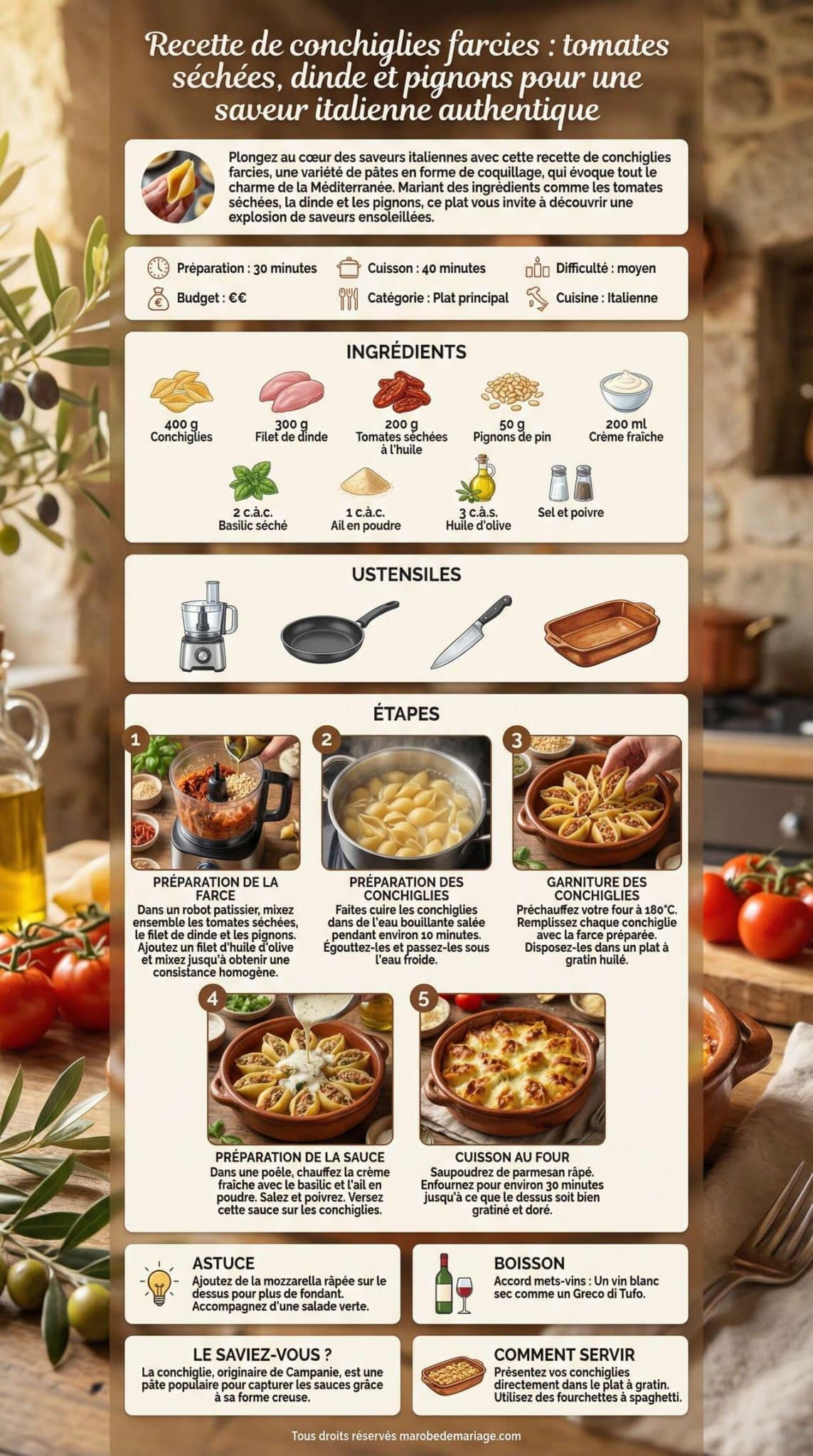 Fiche recette Recette de conchiglies farcies : tomates s&eacute;ch&eacute;es, dinde et pignons pour une saveur italienne authentique