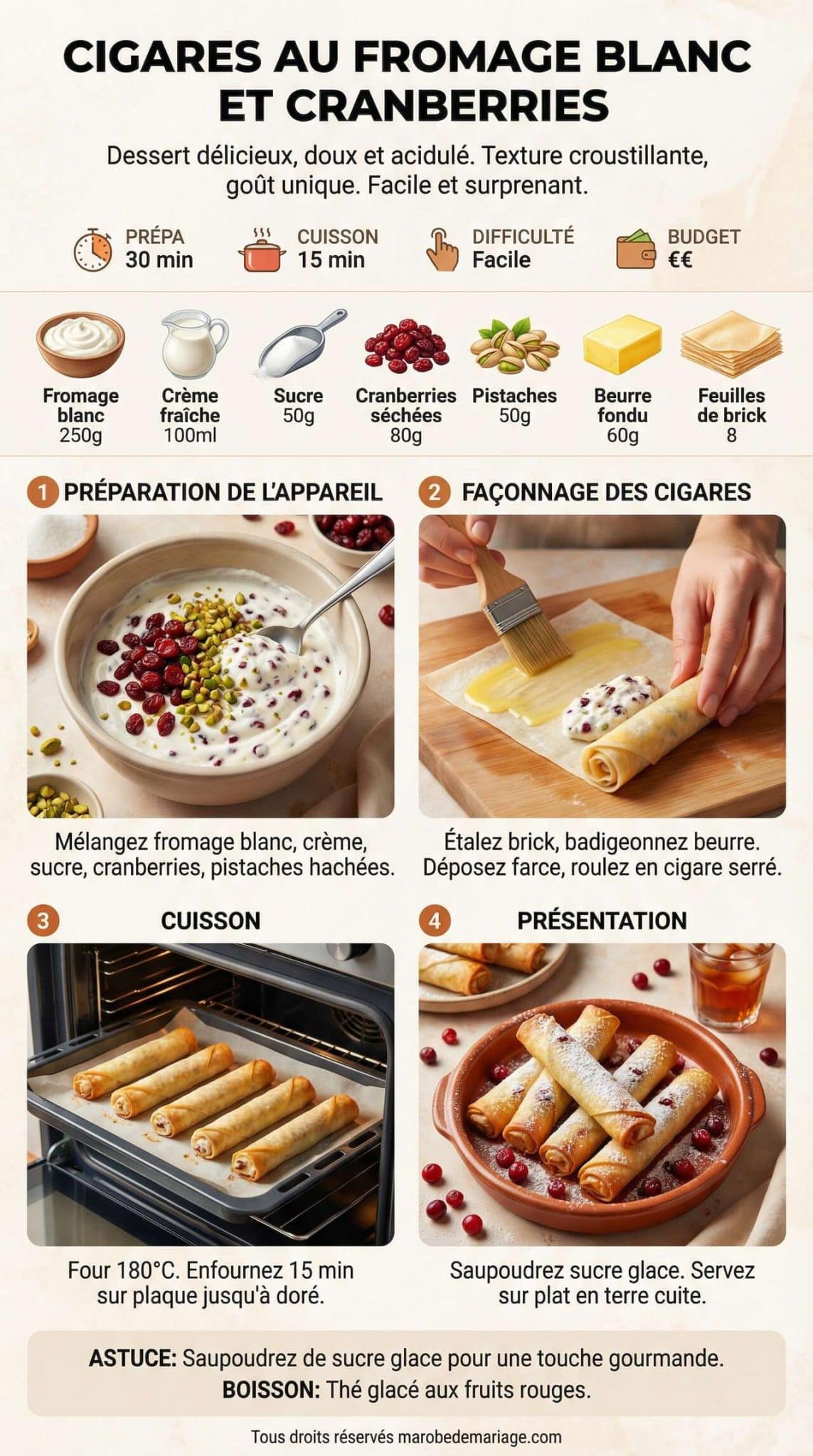 Fiche recette Recette de cigares au fromage blanc et cranberries