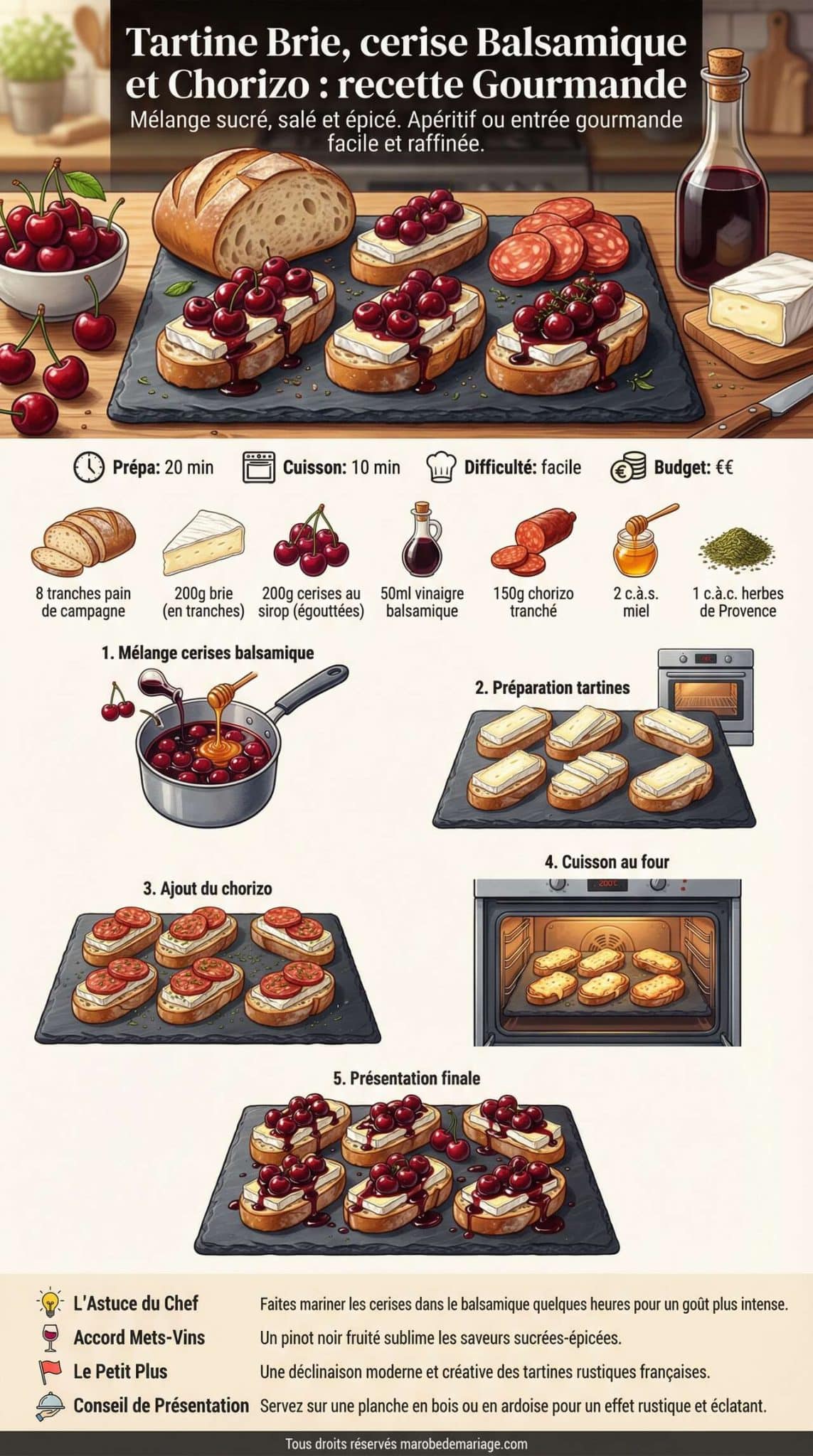 Fiche recette Tartine Brie, cerise Balsamique et Chorizo : recette Gourmande