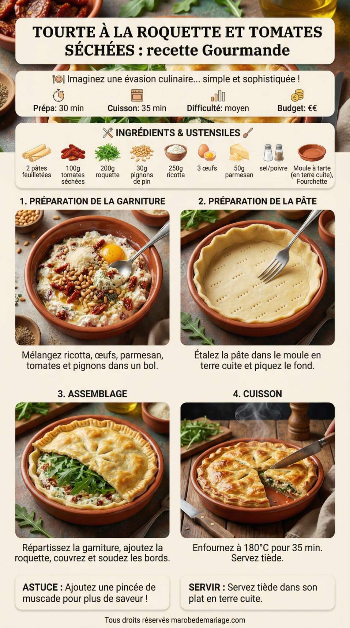 Fiche recette Tourte &agrave; la Roquette et Tomates S&eacute;ch&eacute;es : recette Gourmande