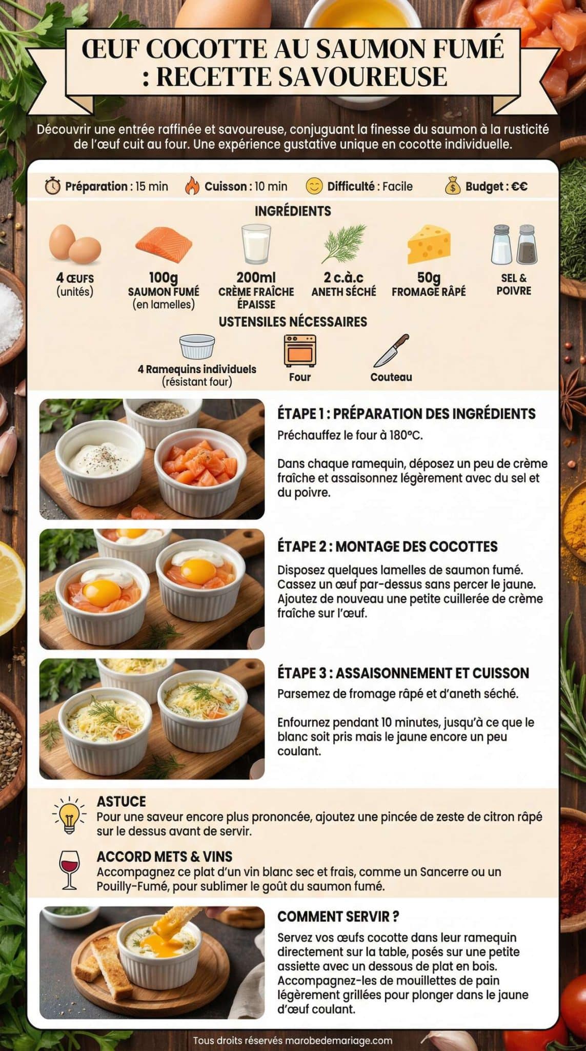 Fiche recette Oeuf Cocotte au Saumon Fum&eacute; : recette Savoureuse