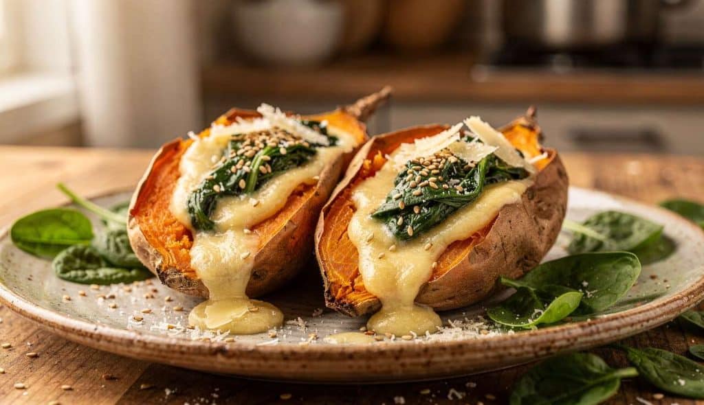 Patates douces farcies : béchamel, épinard et sésame