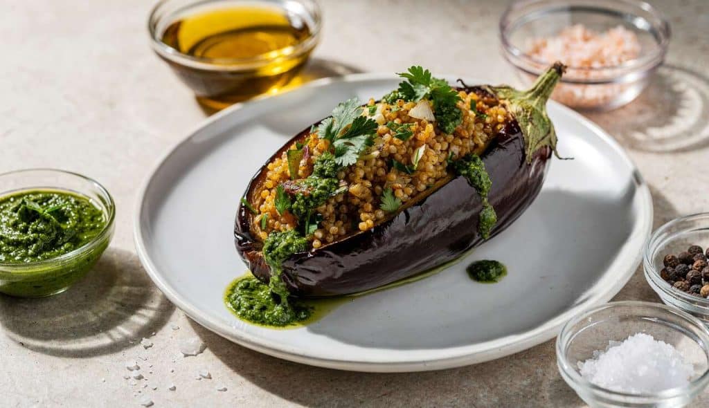 Aubergine farcie au chermoula et boulgour : recette savoureuse
