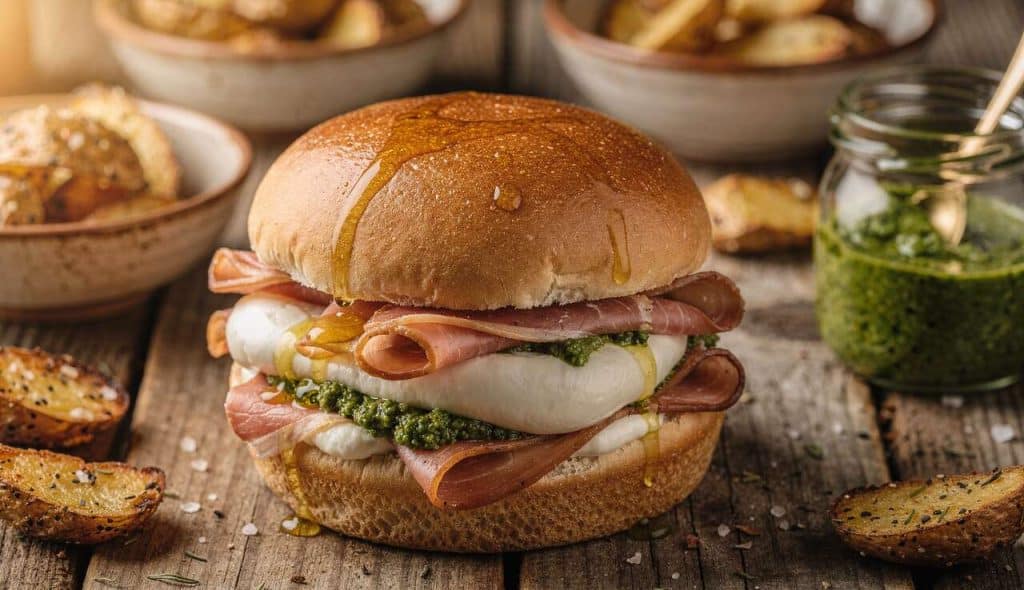 Burger italien : jambon cru, mozza et pesto