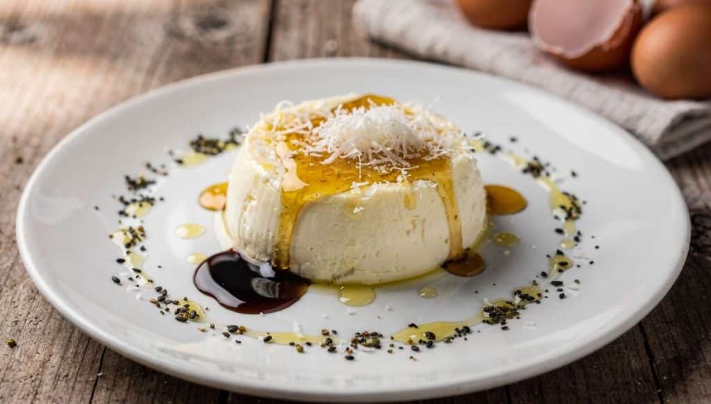 Flan de Chèvre : vinaigrette au Miel & Graines de Poireau