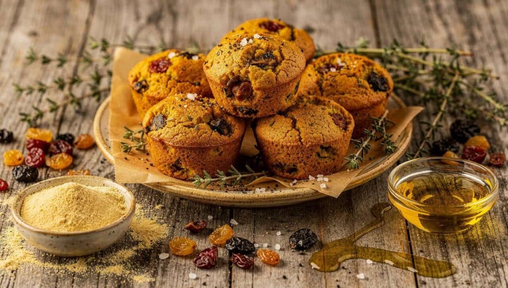 Muffins salés à la farine de pois chiches, herbes et fruits secs