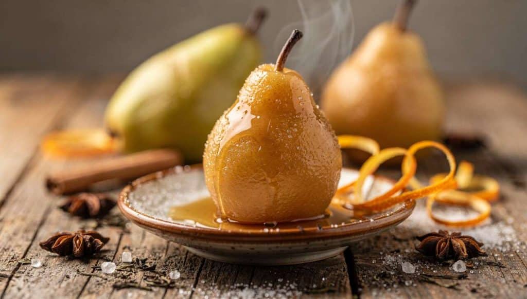 Poire pochée au thé Earl Grey et épices : recette gourmande