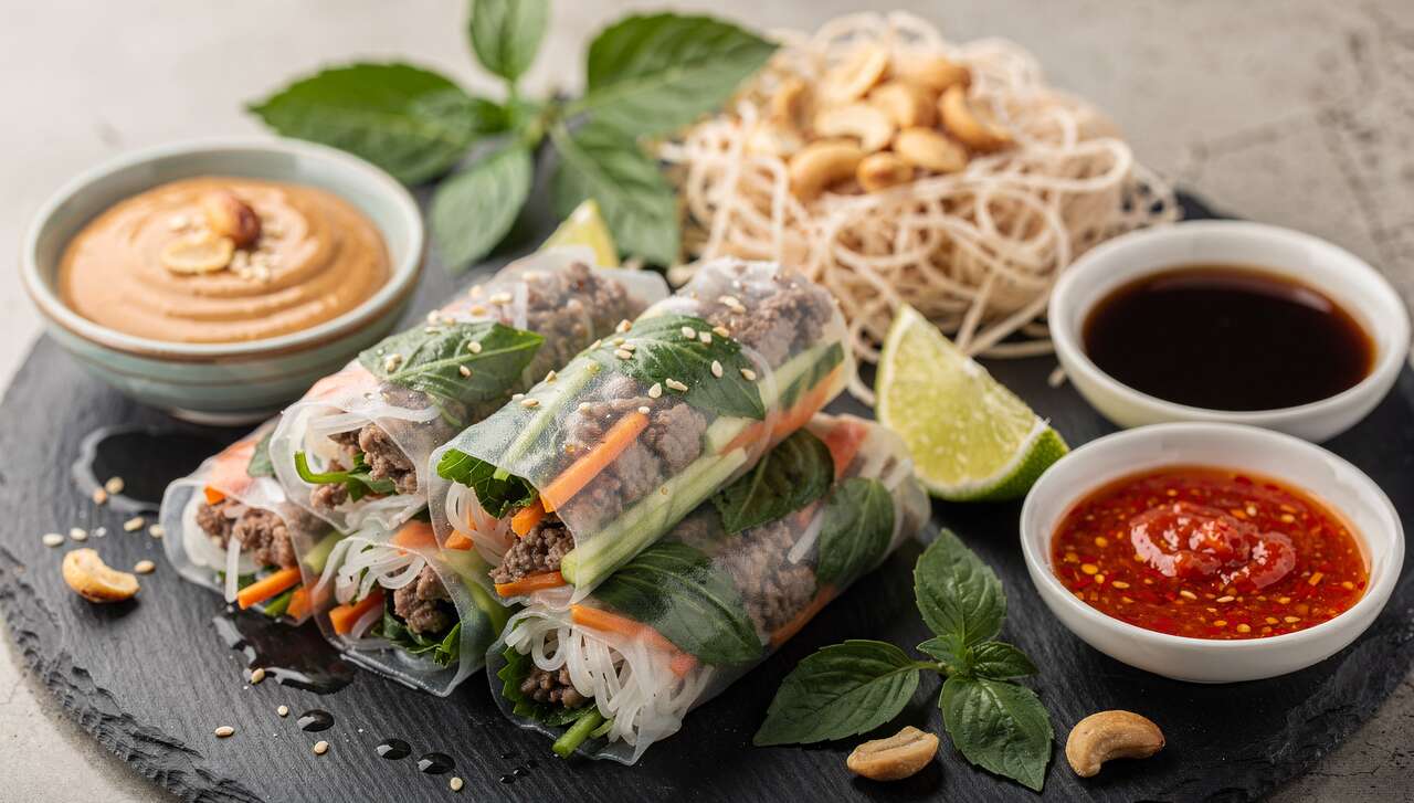 Rouleaux de printemps au bœuf et basilic thaï : recette à la sauce cacahuète