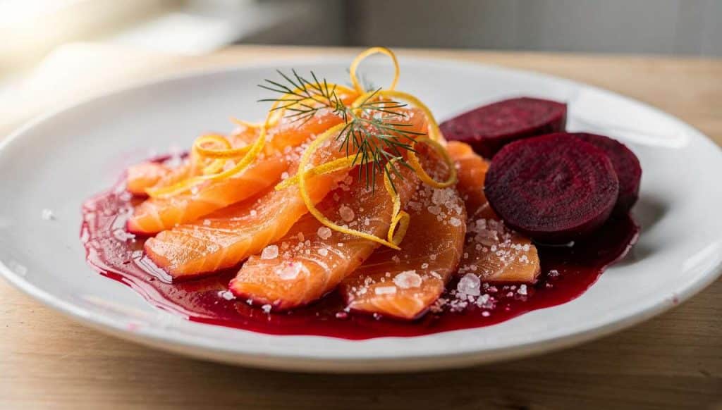 Saumon Gravlax à la Betterave, agrumes et Gin : recette gourmande
