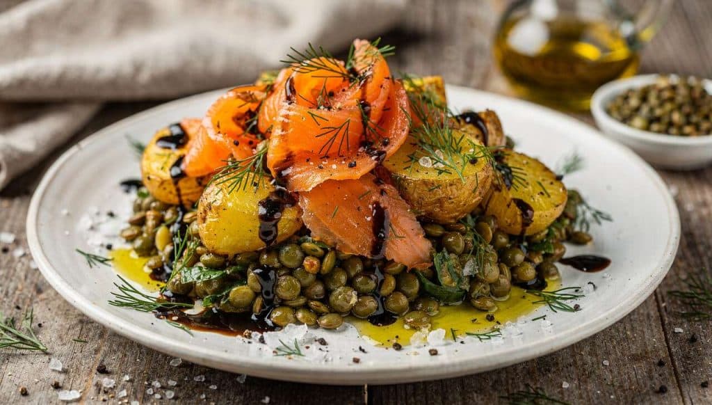 Salade de lentilles vertes, saumon fumé et pommes de terre tièdes