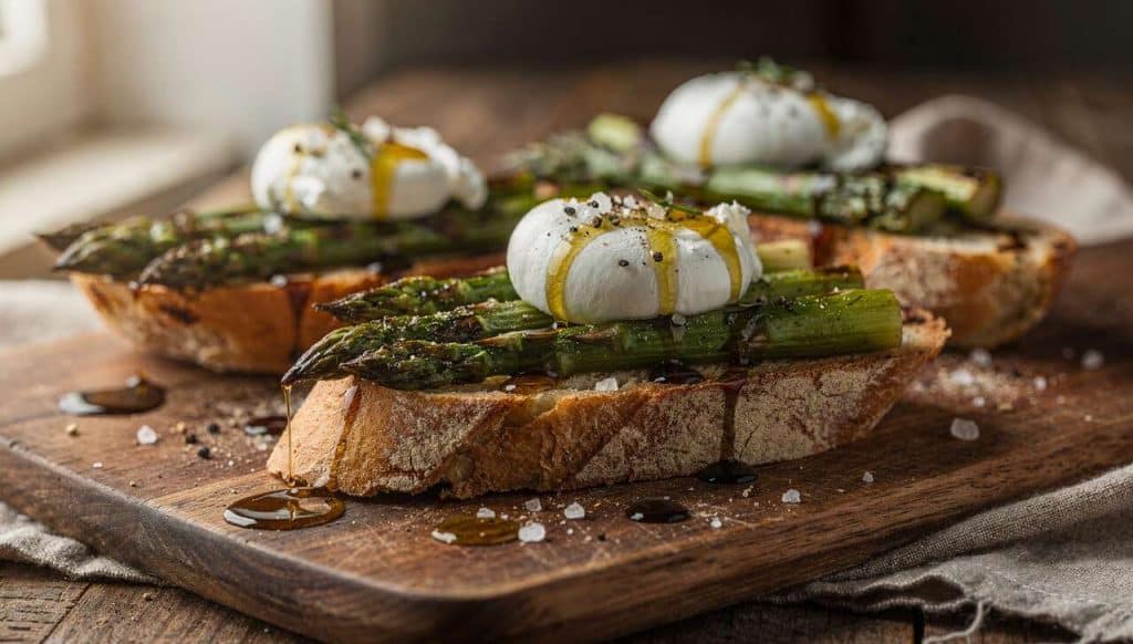 Bruschetta aux asperges vertes grillées et burrata : recette gourmande
