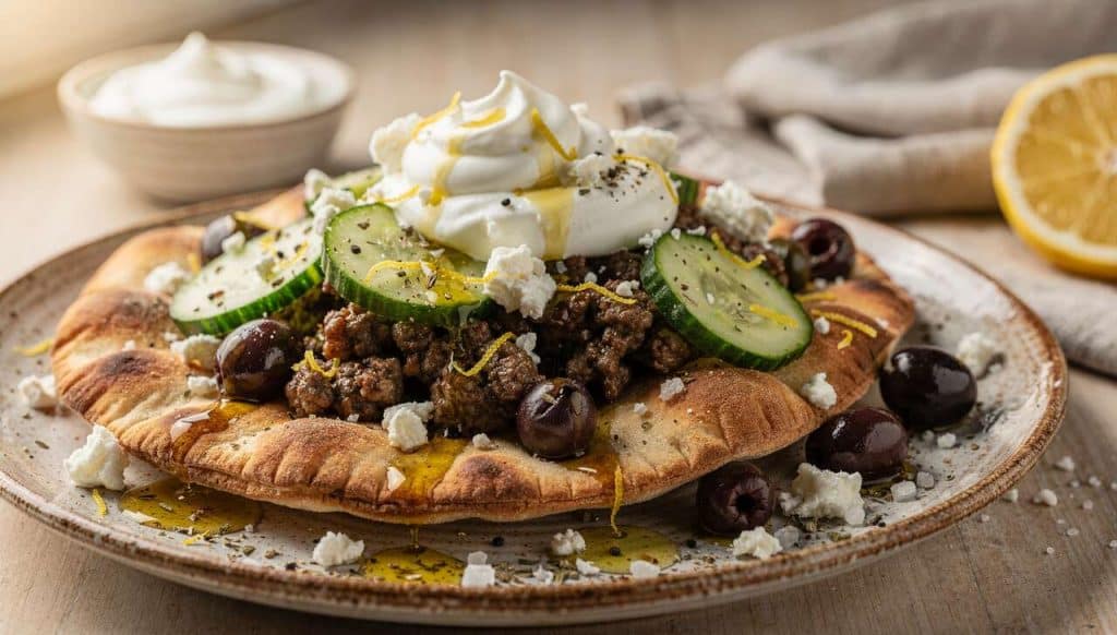 Pain pita à l'agneau : recette de salade grecque et sauce blanche