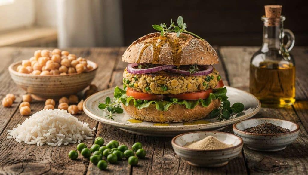 Recette : burgers végétariens pois chiches, riz et petits pois
