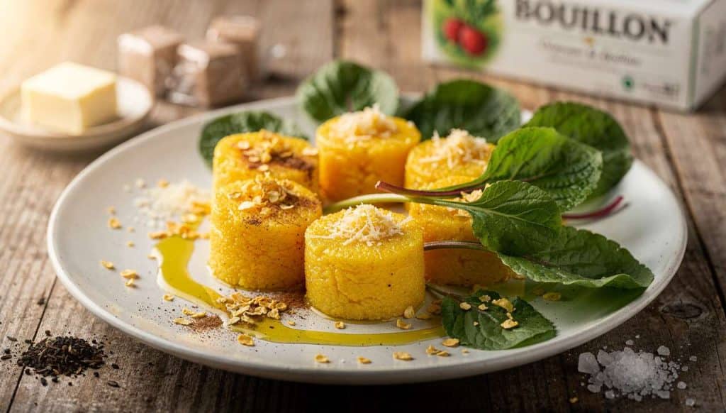 Purée et bouchées de polenta aux fanes de radis : recette végétarienne savoureuse