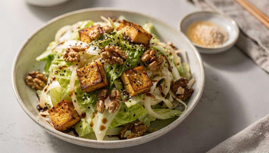 Salade de chou chinois, tofu fumé et noix : recette savoureuse et facile