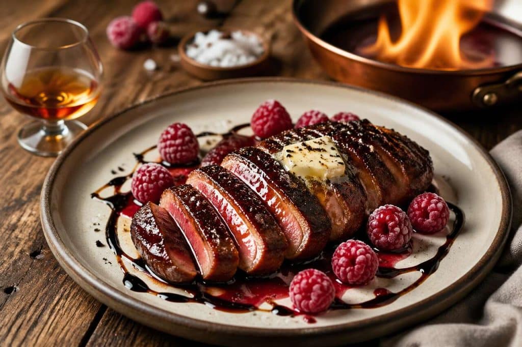 Magret de canard aux framboises et cognac flambé : recette gourmande