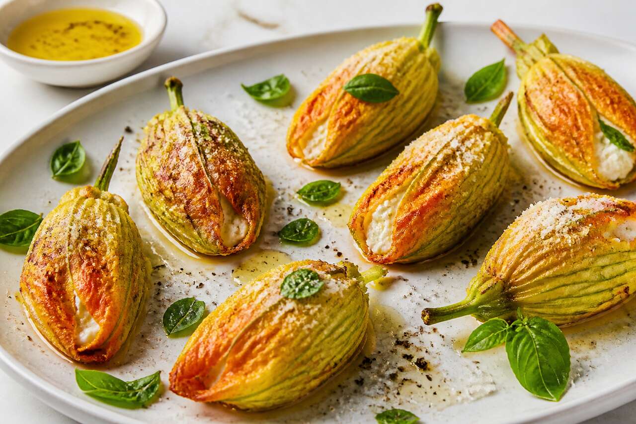 Fleurs de courgettes farcies à la ricotta au four