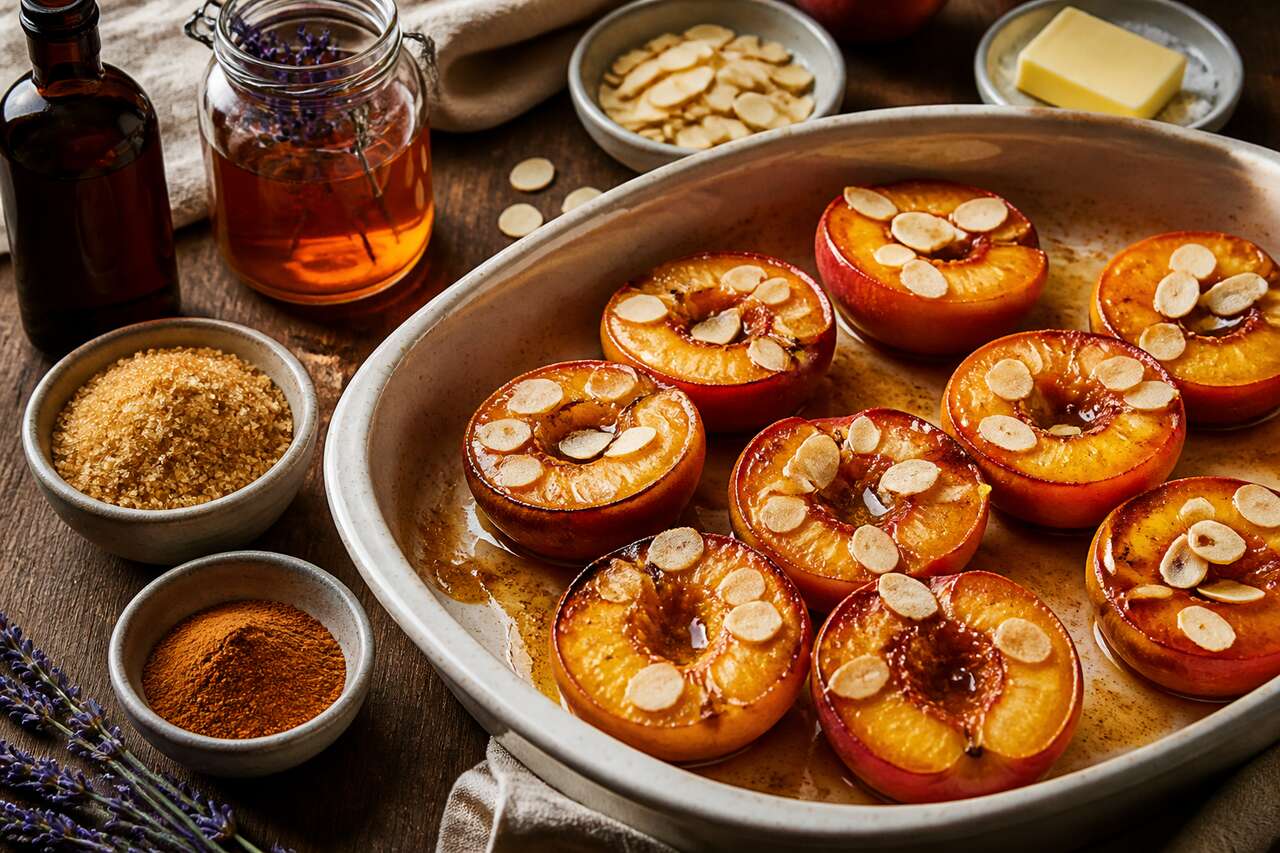 Pêches rôties au miel et amandes : recette gourmande