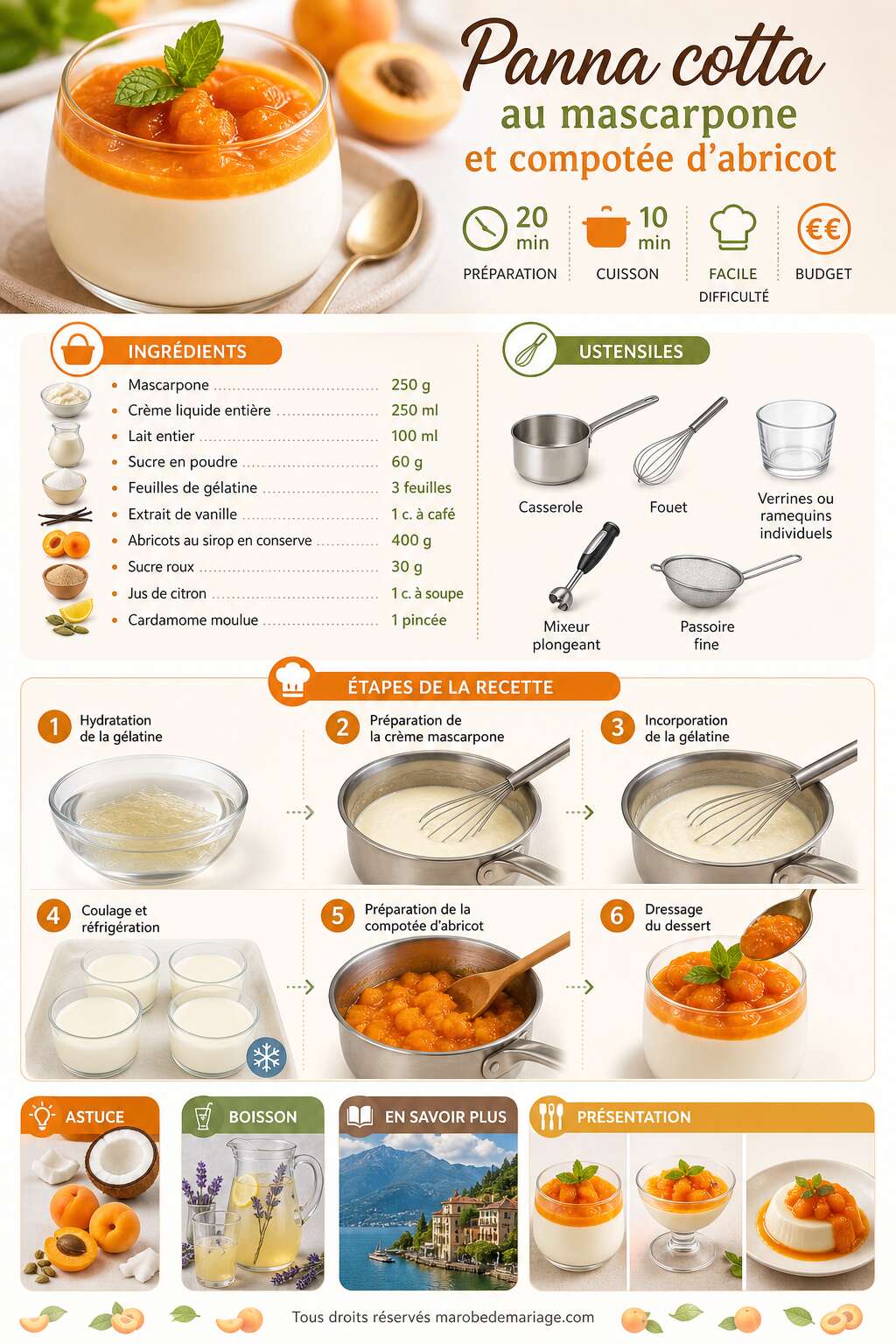 Fiche recette Panna cotta au mascarpone et compot&eacute;e d'abricot