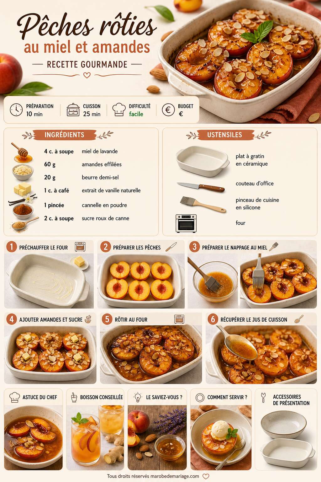 Fiche recette P&ecirc;ches r&ocirc;ties au miel et amandes : recette gourmande