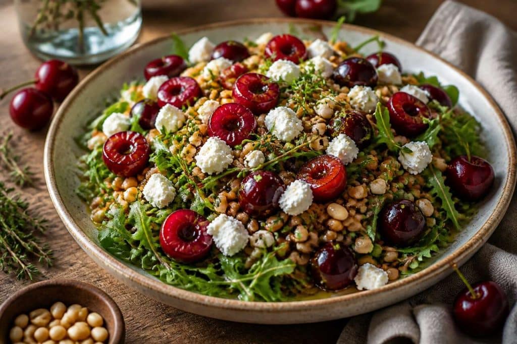 Salade de petit épeautre, cerises rôties et chèvre frais