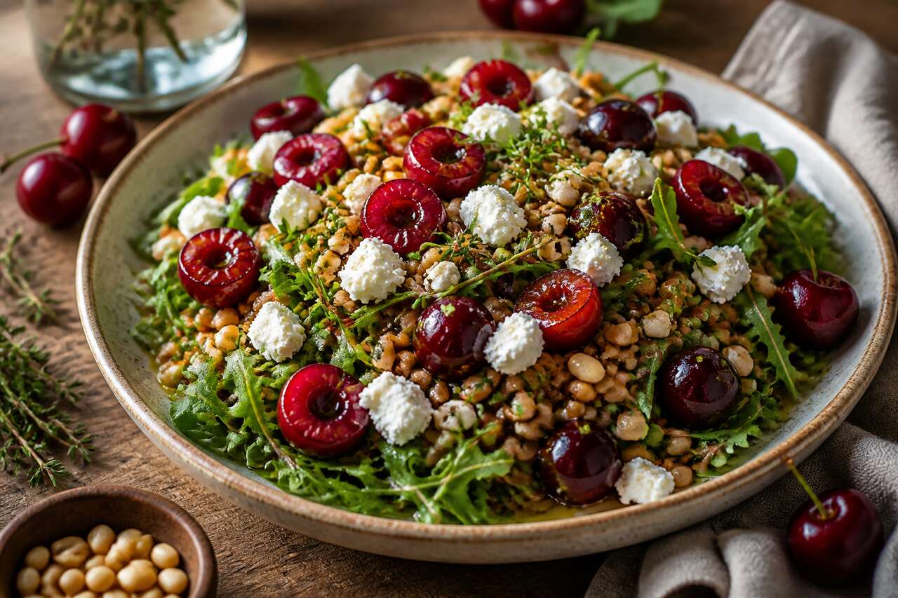 Salade de petit épeautre, cerises rôties et chèvre frais