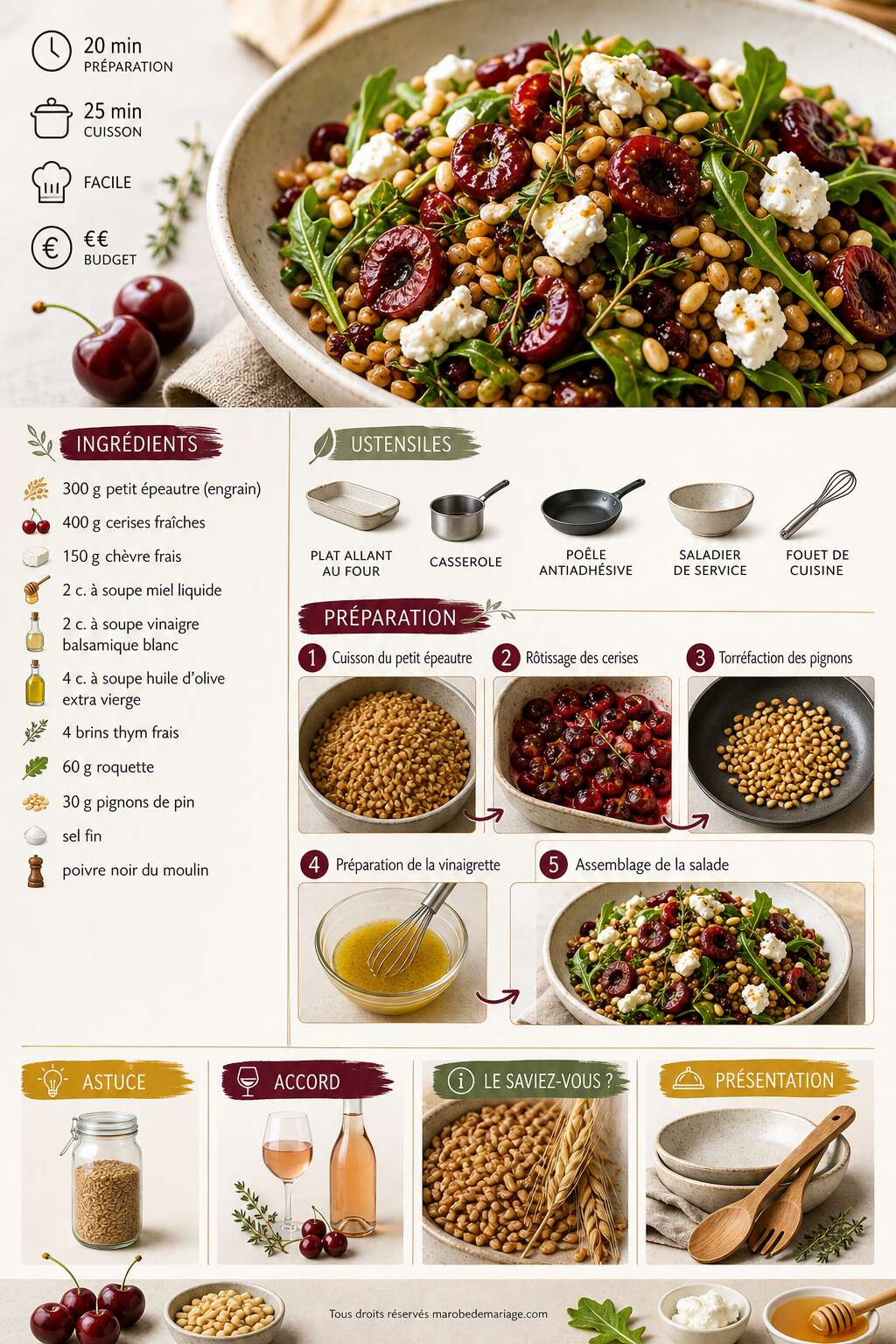 Fiche recette Salade de petit &eacute;peautre, cerises r&ocirc;ties et ch&egrave;vre frais