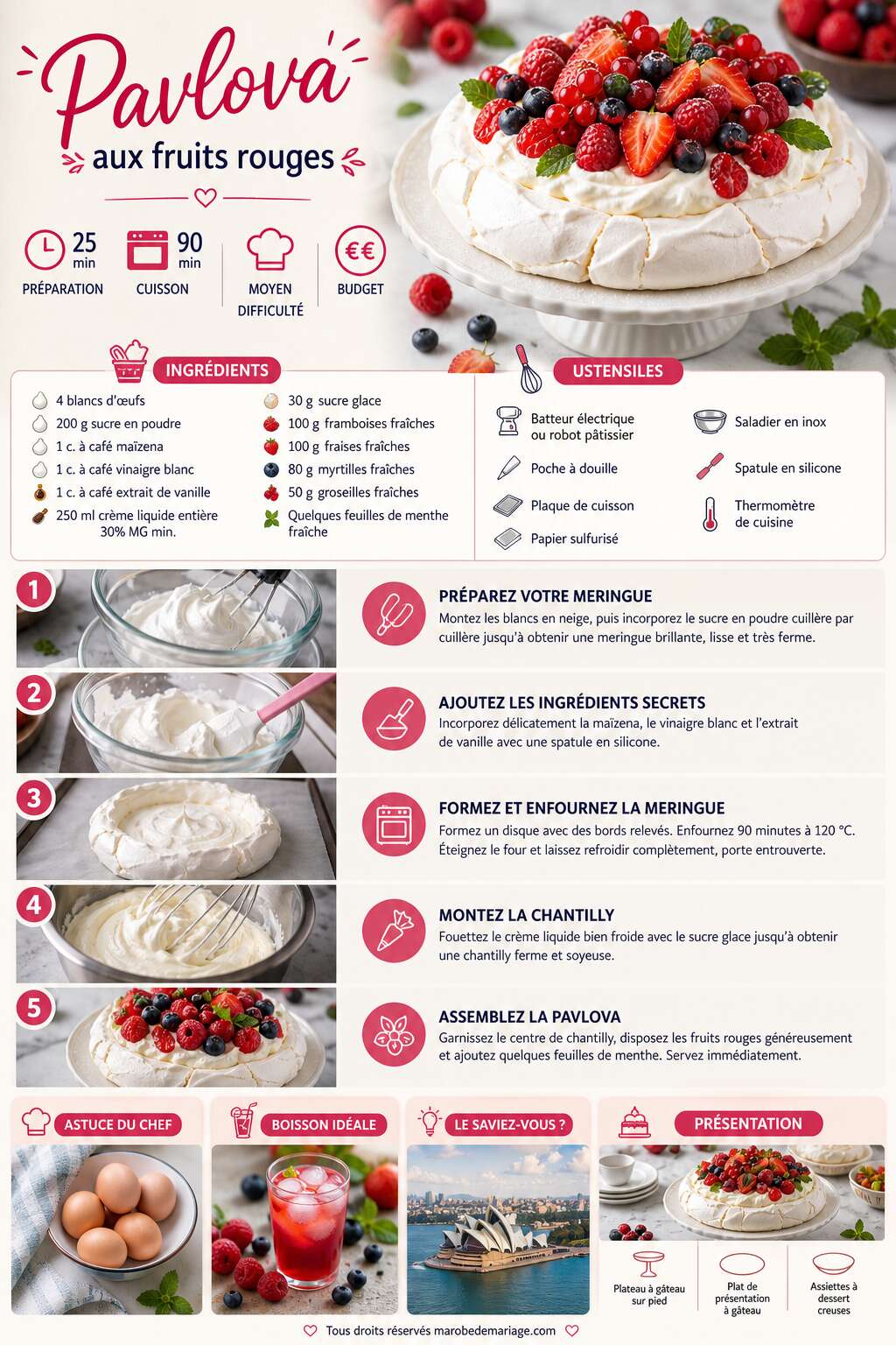 Fiche recette Pavlova aux fruits rouges : recette gourmande &eacute;tape par &eacute;tape