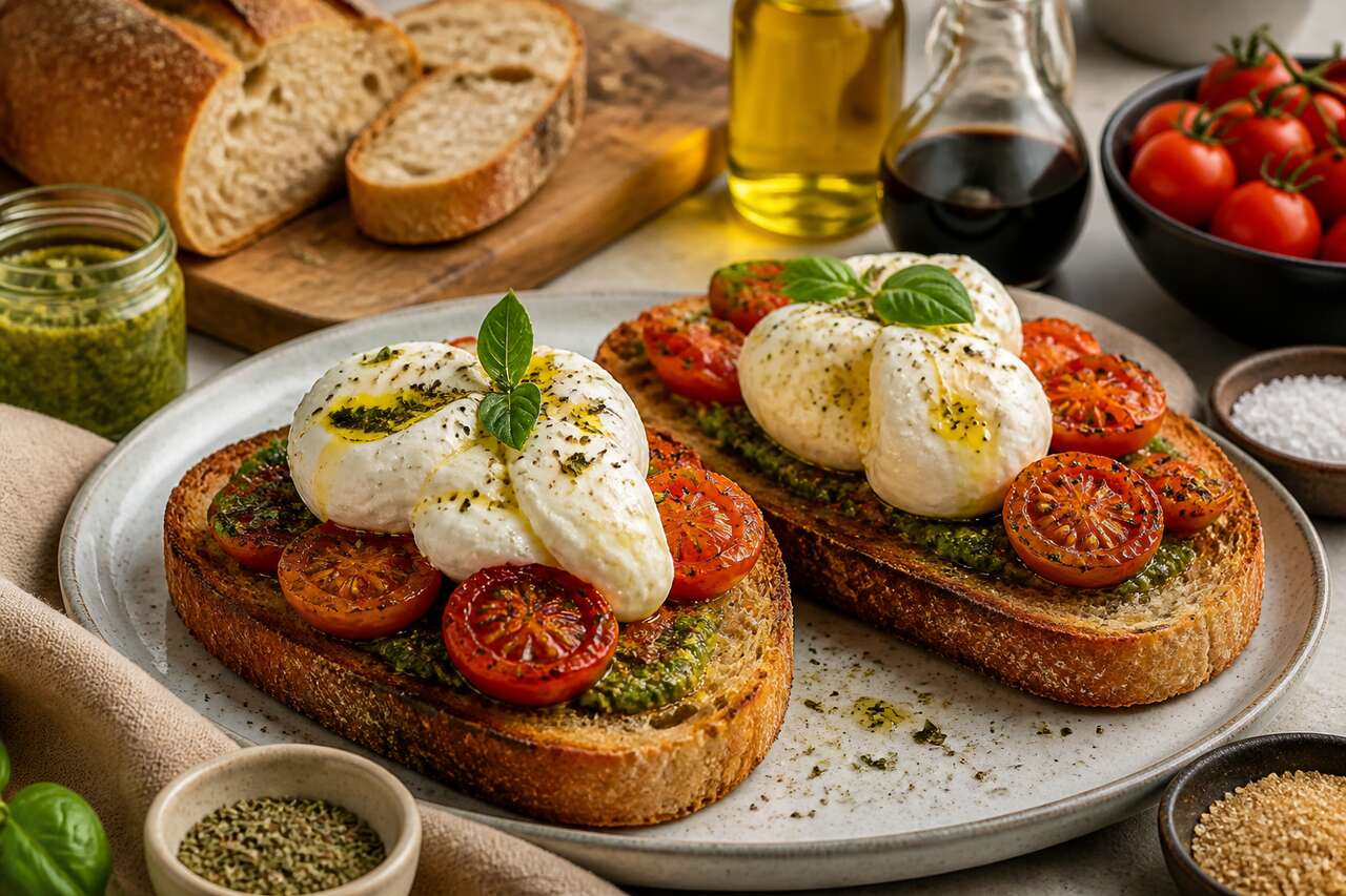 Toast tomates rôties et burrata : recette gourmande