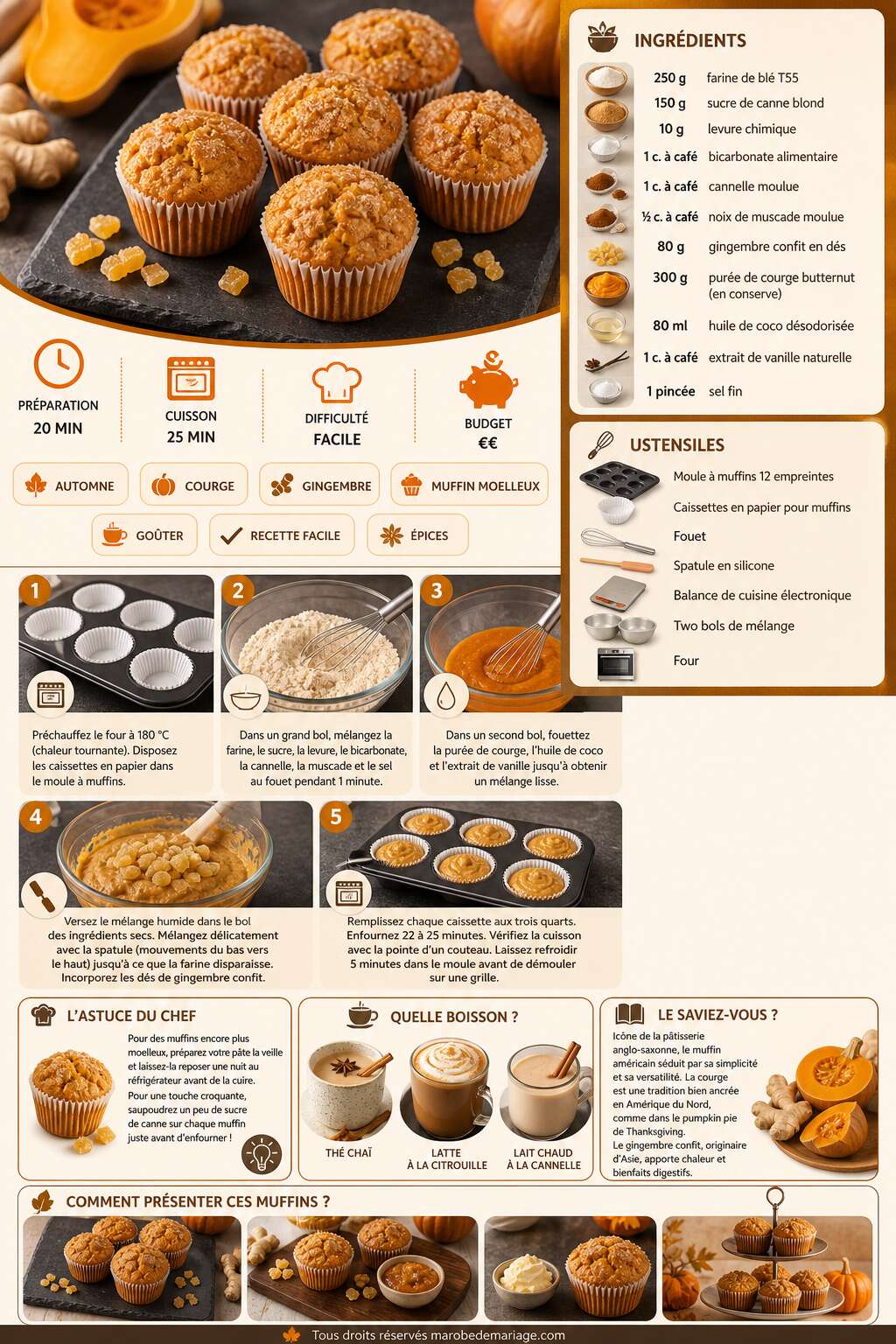 Fiche recette Muffins courge et gingembre confit : recette savoureuse