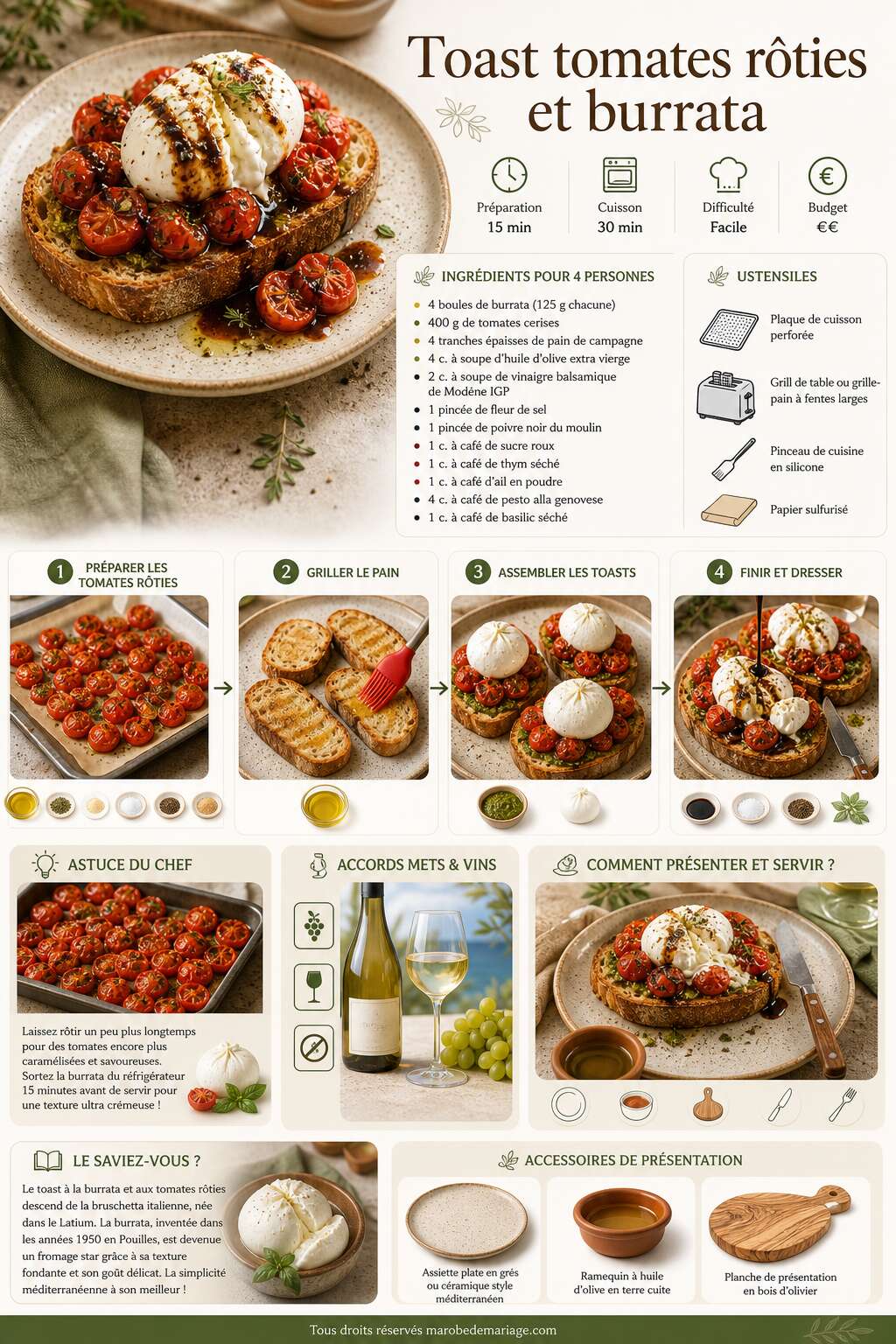 Fiche recette Toast tomates r&ocirc;ties et burrata : recette gourmande