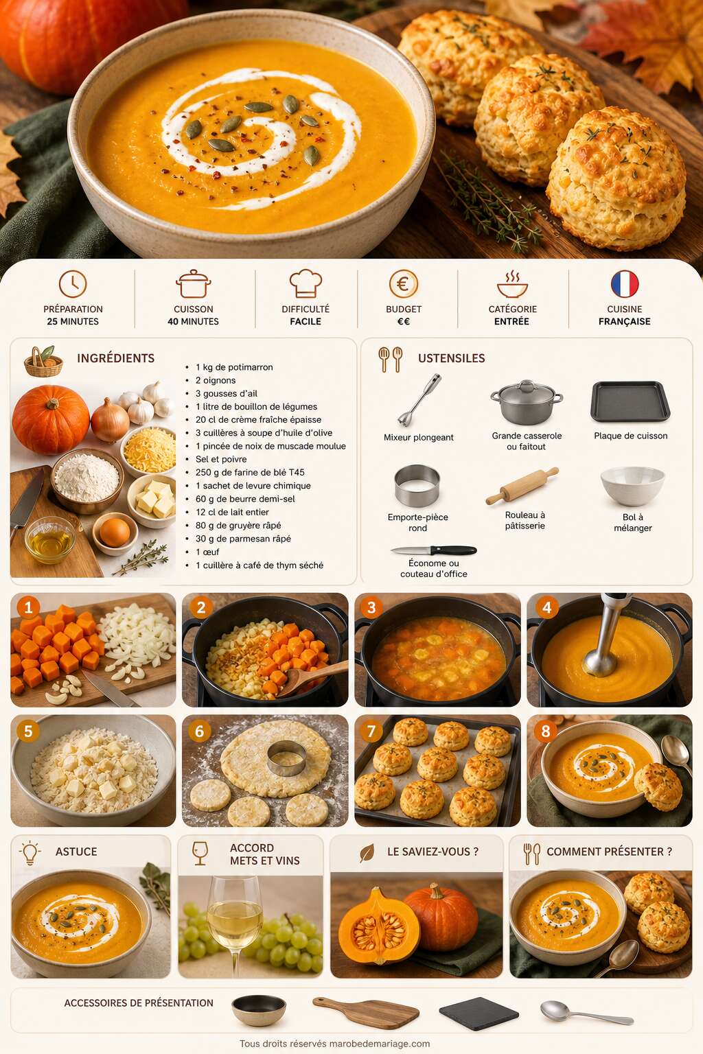 Fiche recette Velouté de potimarron et scones au fromage Fiche recette Velouté de potimarron et scones au fromage