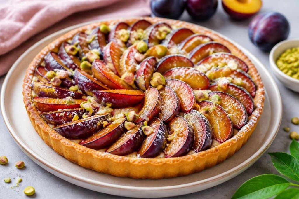 Tarte aux prunes et pistaches : recette gourmande